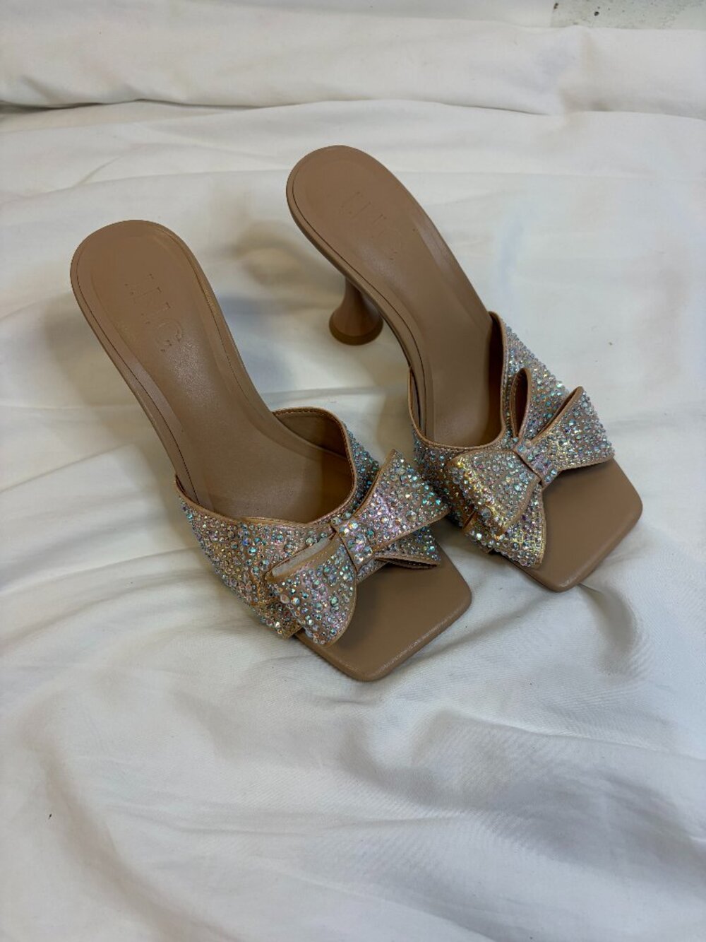 I.N.C. Beonna Embellished Nude Silver Bedazzled Bow Sandal Heels